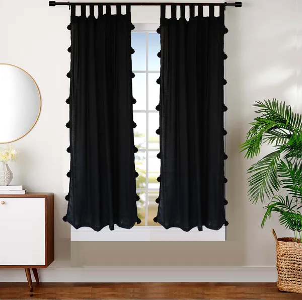 Pack_of_2_Cotton_Black_Sheer_Summer_fun_Tassel_Tab_Top_Window_Curtain_Set_for_Bedroom_and_Living_Room