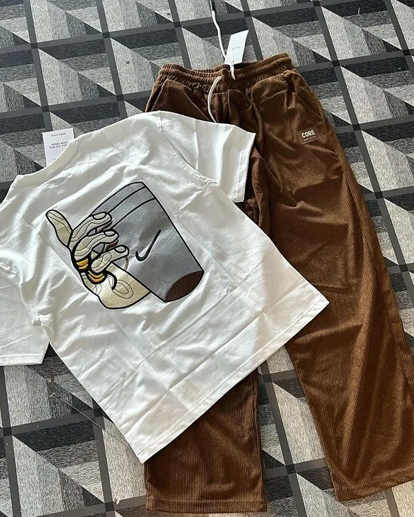 White_And_Coffee_Brown_Lycra_Cotton_Half_Sleeve_Casual_T-Shirt_And_Pant