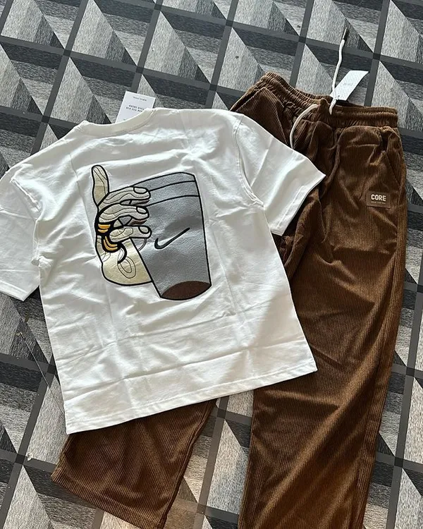 White_And_Coffee_Brown_Lycra_Cotton_Half_Sleeve_Casual_T-Shirt_And_Pant