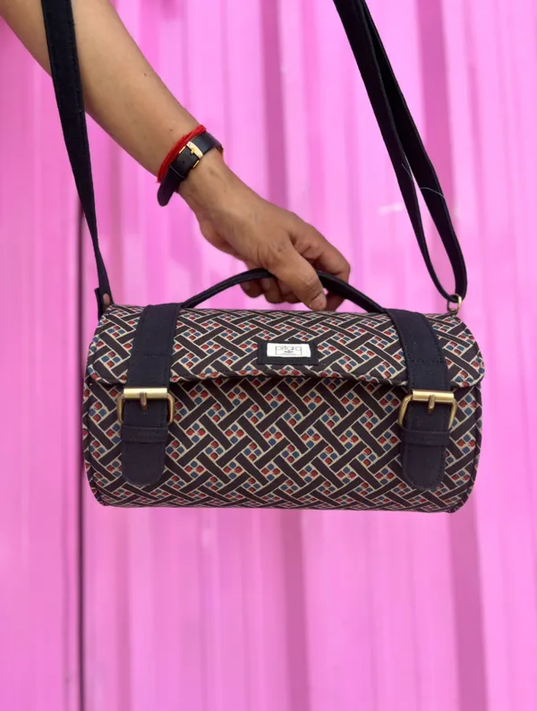 Black_Geometric_Handcrafted_Cotton_Printed_Cylinder_Sling_Bag_With_Matching_Handle