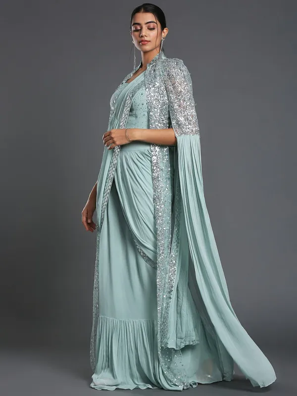 Sequin_Pre_Draped_Saree_With_Jacket_And_Long_Shrug_Georgette_Saree