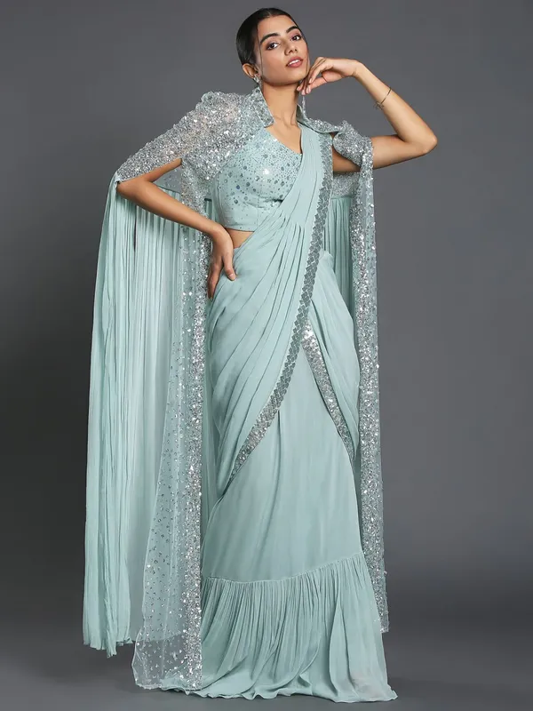 Sequin_Pre_Draped_Saree_With_Jacket_And_Long_Shrug_Georgette_Saree