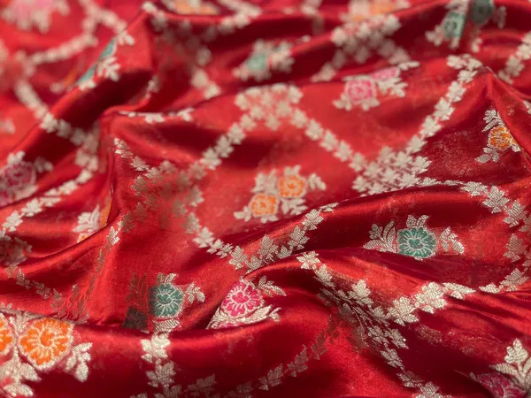 Humairah_Pure_Handloom_Red_Dupion_Silk_Golden_Stripe_Zari_Jaal_Mina_Booti_and_Contrast_Blue_Floral_Mina_Border_with_Big_Boota_Pallu_and_Blue_Blouse