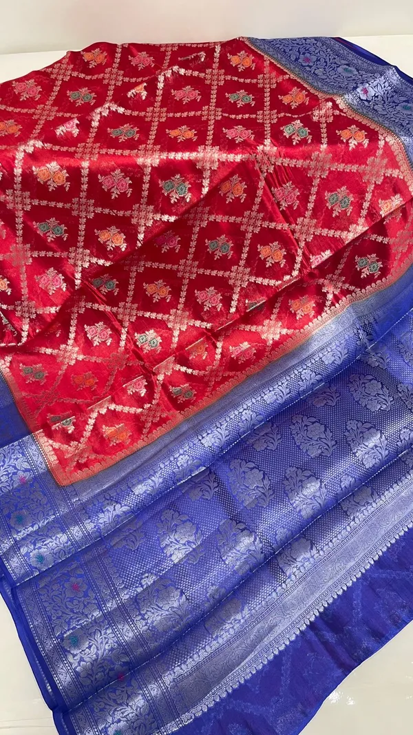 Humairah_Pure_Handloom_Red_Dupion_Silk_Golden_Stripe_Zari_Jaal_Mina_Booti_and_Contrast_Blue_Floral_Mina_Border_with_Big_Boota_Pallu_and_Blue_Blouse