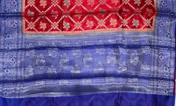 Humairah_Pure_Handloom_Red_Dupion_Silk_Golden_Stripe_Zari_Jaal_Mina_Booti_and_Contrast_Blue_Floral_Mina_Border_with_Big_Boota_Pallu_and_Blue_Blouse