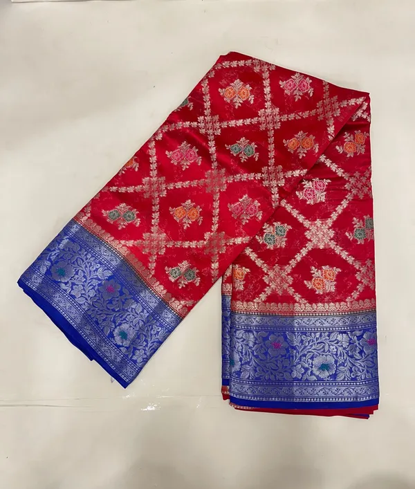 Humairah_Pure_Handloom_Red_Dupion_Silk_Golden_Stripe_Zari_Jaal_Mina_Booti_and_Contrast_Blue_Floral_Mina_Border_with_Big_Boota_Pallu_and_Blue_Blouse