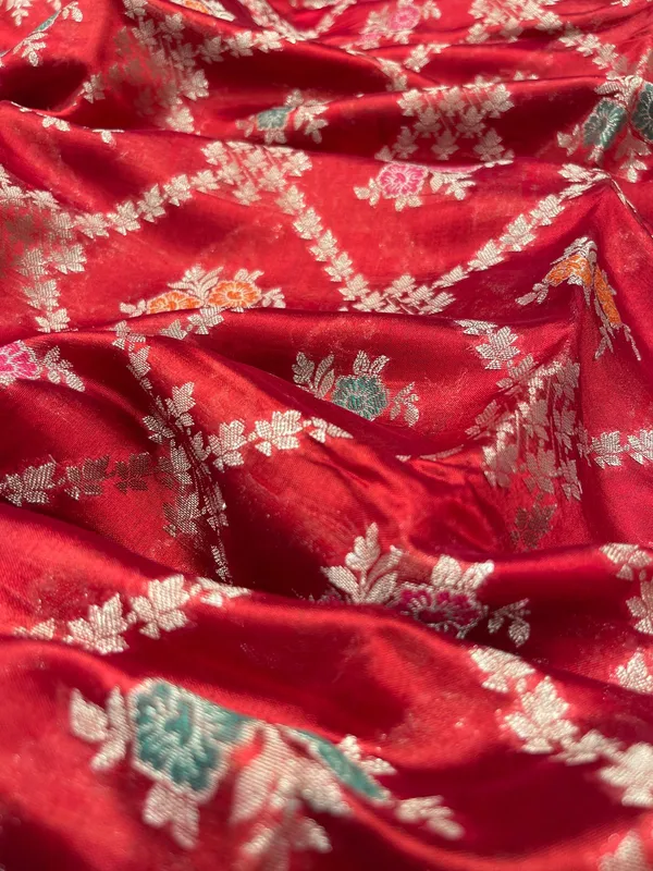 Humairah_Pure_Handloom_Red_Dupion_Silk_Golden_Stripe_Zari_Jaal_Mina_Booti_and_Contrast_Blue_Floral_Mina_Border_with_Big_Boota_Pallu_and_Blue_Blouse