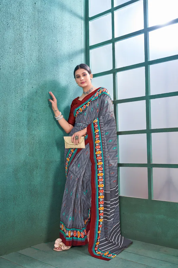 Ikkat_Print_Pure_Soft_Cotton_saree_With_Blouse_Piece