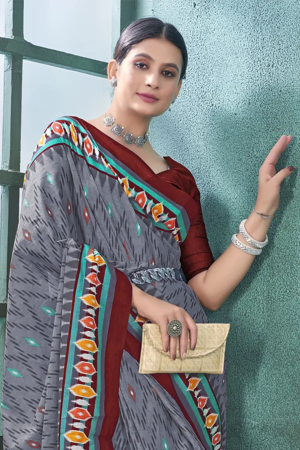 Ikkat_Print_Pure_Soft_Cotton_saree_With_Blouse_Piece