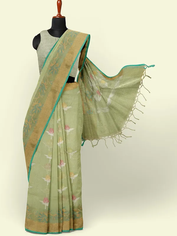 Sea_Green_Masrise_Cotton/Cotton_Banarasi_Sarees_For_Women