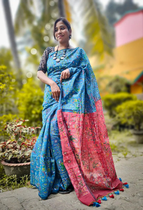 Blue_Cotton_Silk_Madhubani_Printed_Saree