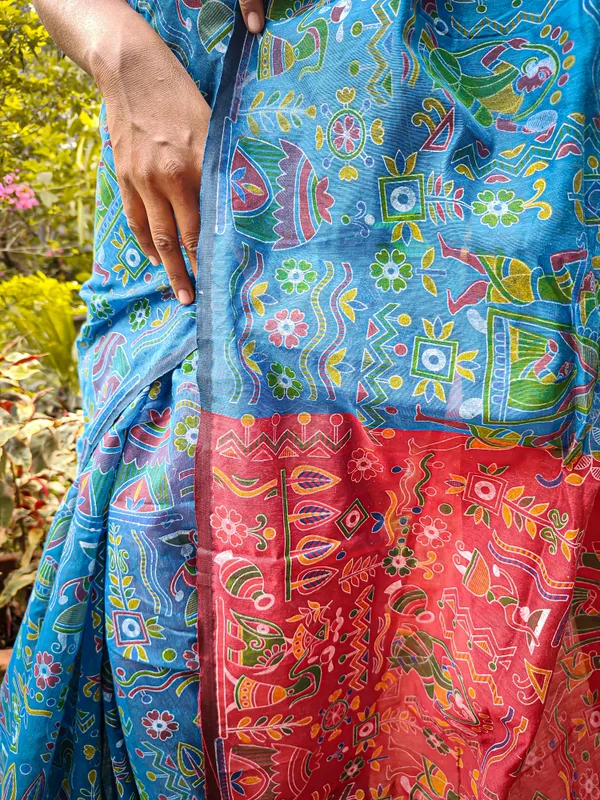 Blue_Cotton_Silk_Madhubani_Printed_Saree