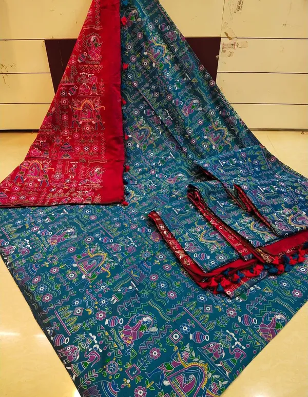 Blue_Cotton_Silk_Madhubani_Printed_Saree