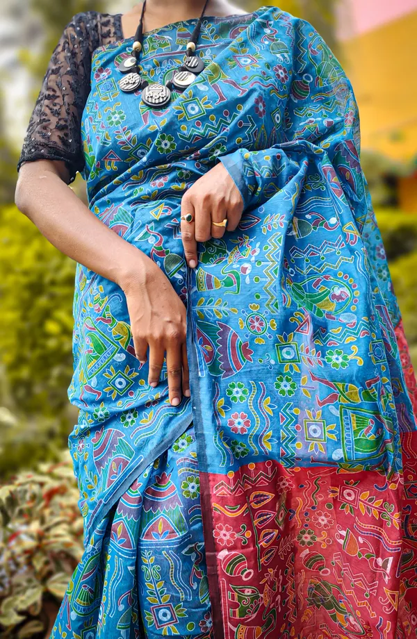 Blue_Cotton_Silk_Madhubani_Printed_Saree