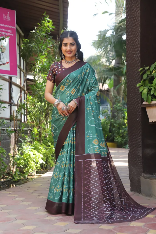 Ikkat_Hand_Block_Print_Print_Pure_Soft_Cotton_saree_With_Blouse_Piece