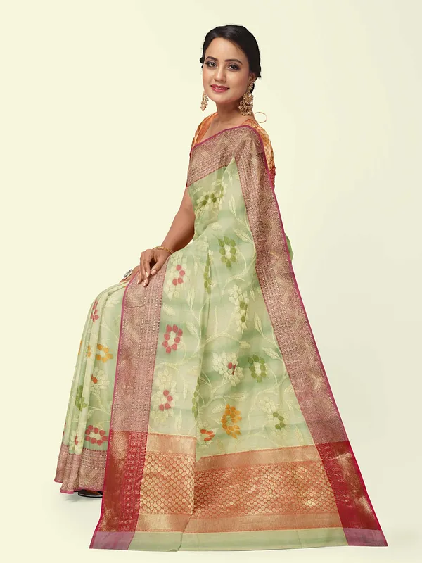 Sea_Green_Matka_Silk/Silk_Blend_Banarasi_Sarees_For_Women
