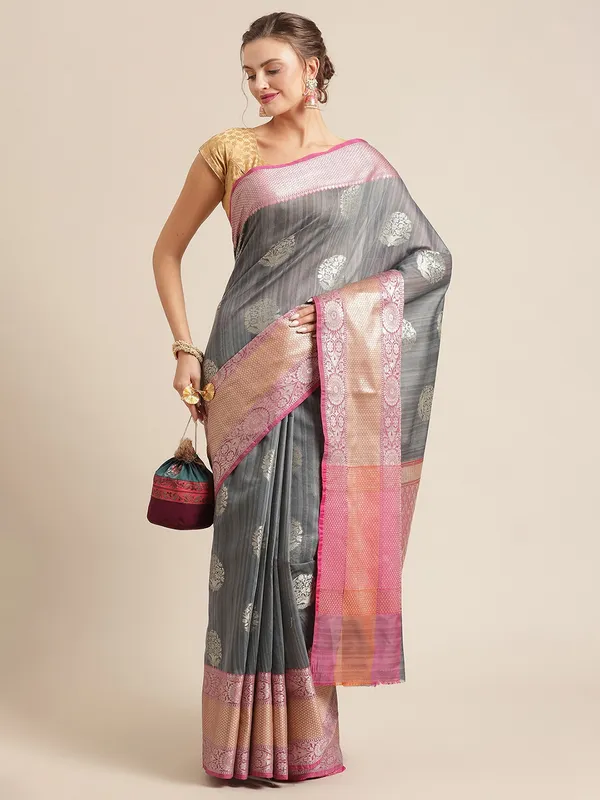 Grey_Matka_Silk/Silk_Blend_Banarasi_Sarees_For_Women