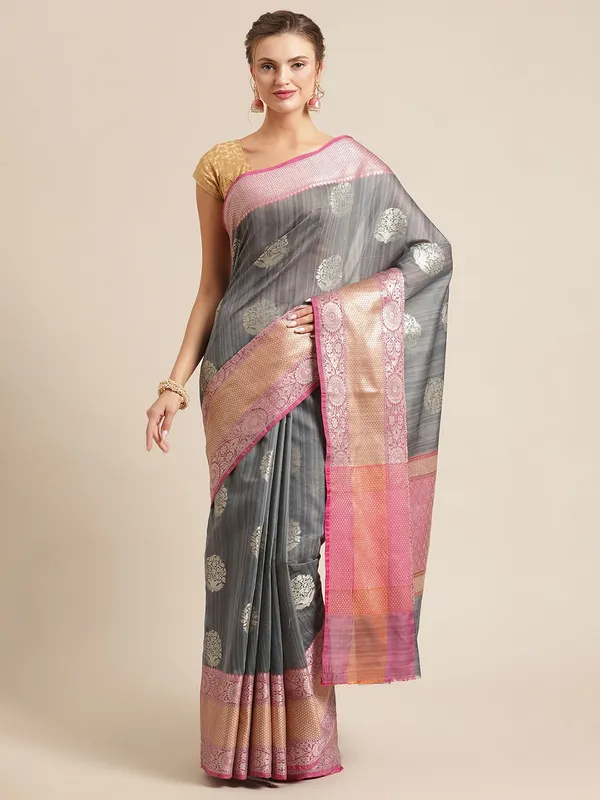 Grey_Matka_Silk/Silk_Blend_Banarasi_Sarees_For_Women