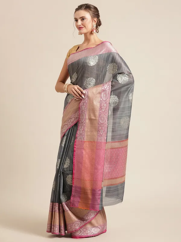 Grey_Matka_Silk/Silk_Blend_Banarasi_Sarees_For_Women