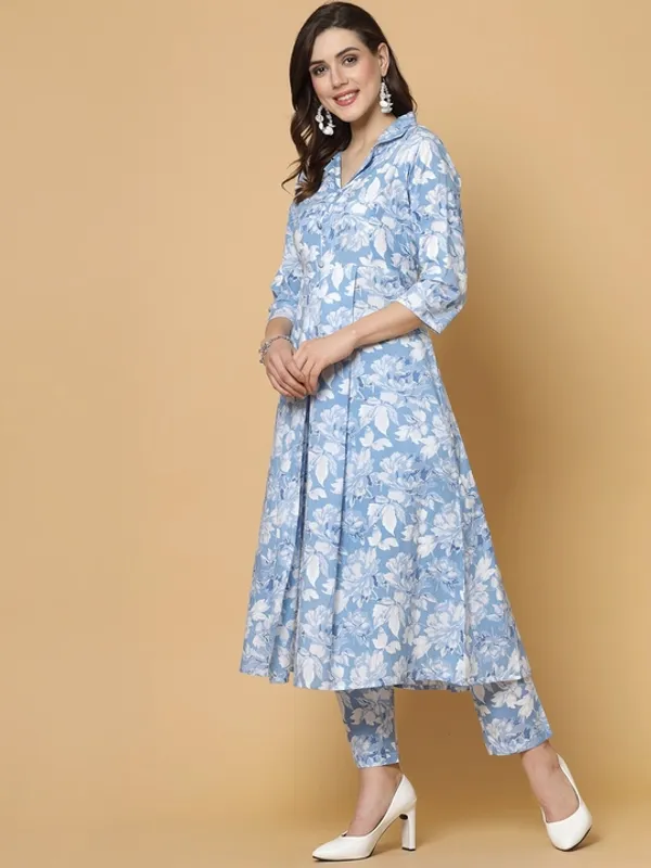 Blue_Cotton_Premium_Floral_Print_Kurta_Pant_Set_For_Women
