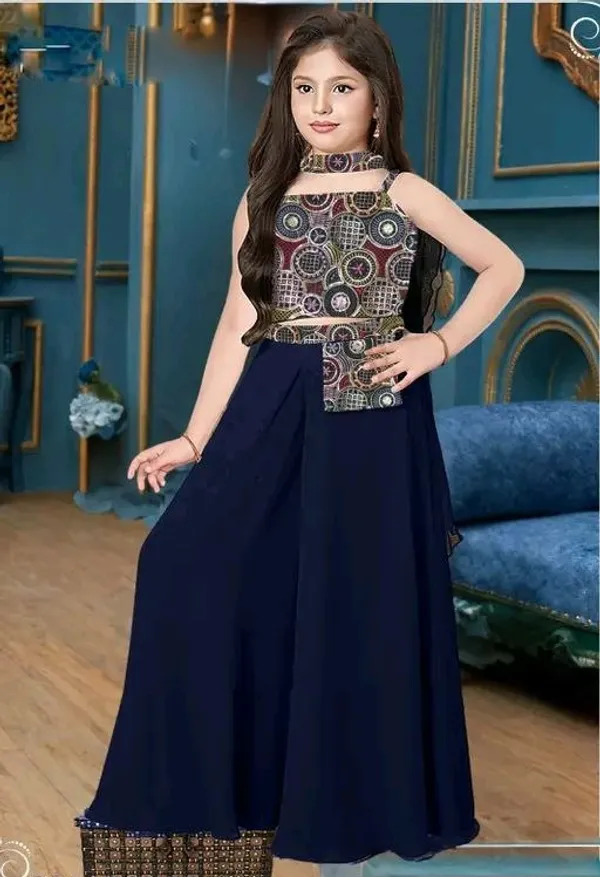 Blue_Girls_Full_Stitched_Kurta_Palazzo_Set_Have_Embroide_Top_And_With_Palazzo
