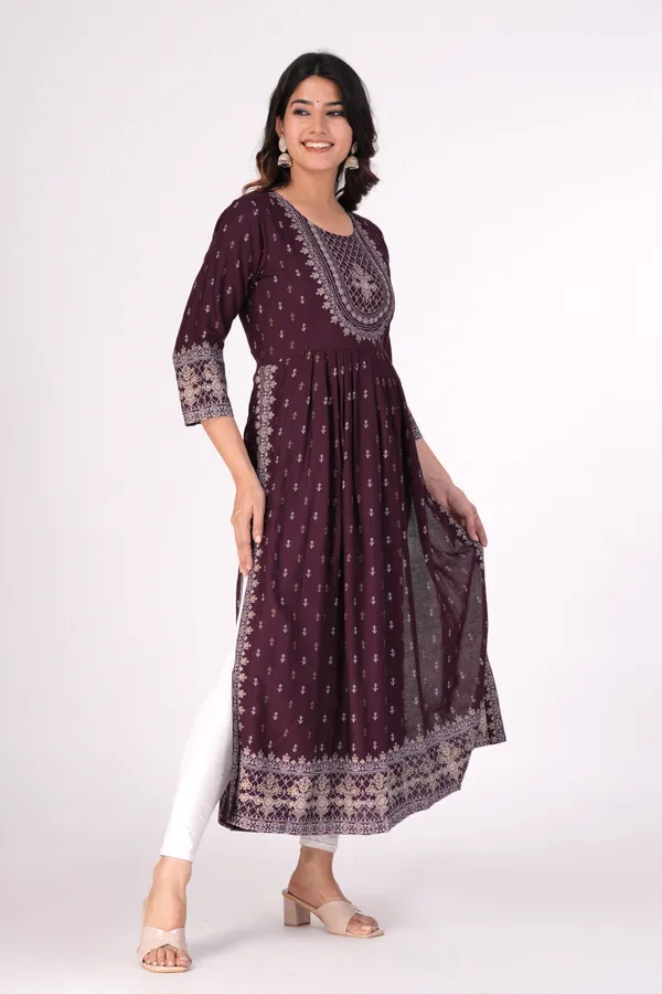Wine_Printed_Ethnic_Dress_Kurta_For_Women