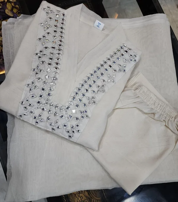 Off_White_Chanderi_Kurta_With_Foil_Mirror_Work_Embroidery_-_Attached_Cotton_Lining_With_Pant_&_Chanderi_Dupatta_Set_.