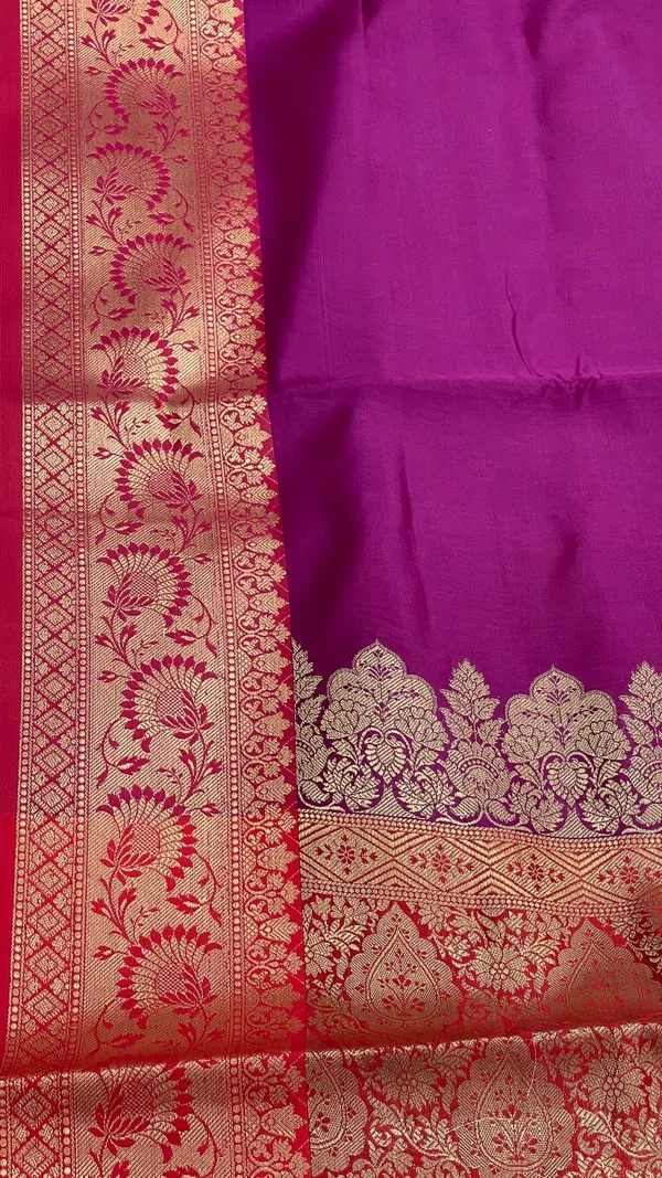 Humairah_Presents_Magenta_Plain_Satin_Silk_with_Contrast_Red_Zari_Border_and_Red_Blouse_Banarasi_saree
