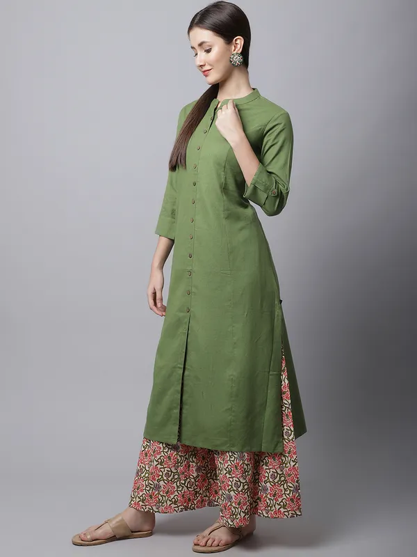 Green_Cotton_Solid_Kurta_With_Printed_Flair_Palazzo_Bottom_Set