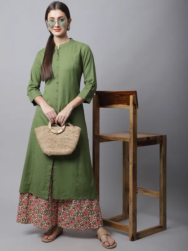 Green_Cotton_Solid_Kurta_With_Printed_Flair_Palazzo_Bottom_Set