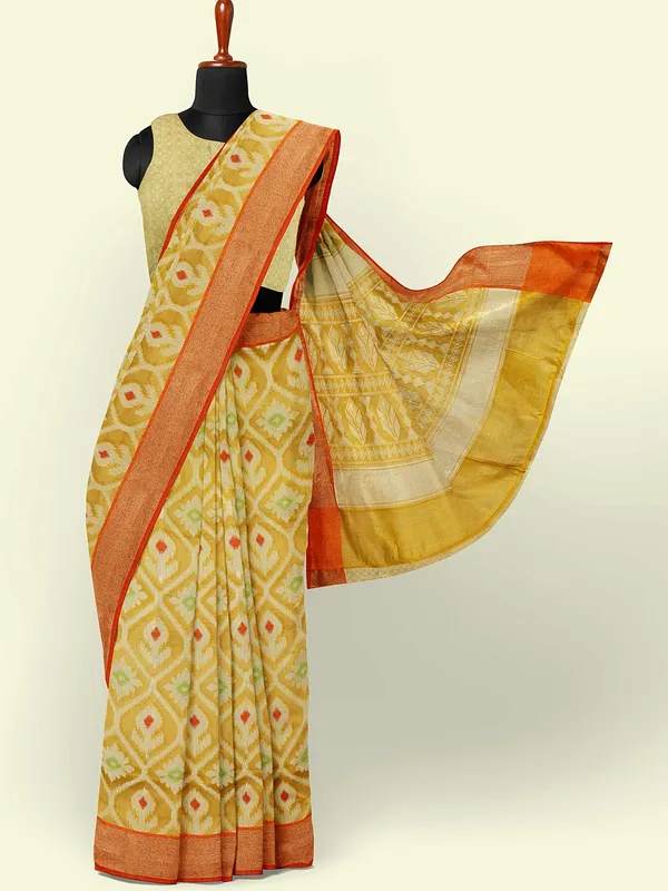 Yellow_Cotton_Blend_Banarasi_Sarees_For_Women