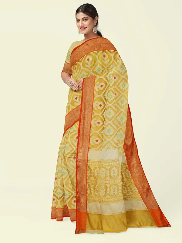 Yellow_Cotton_Blend_Banarasi_Sarees_For_Women