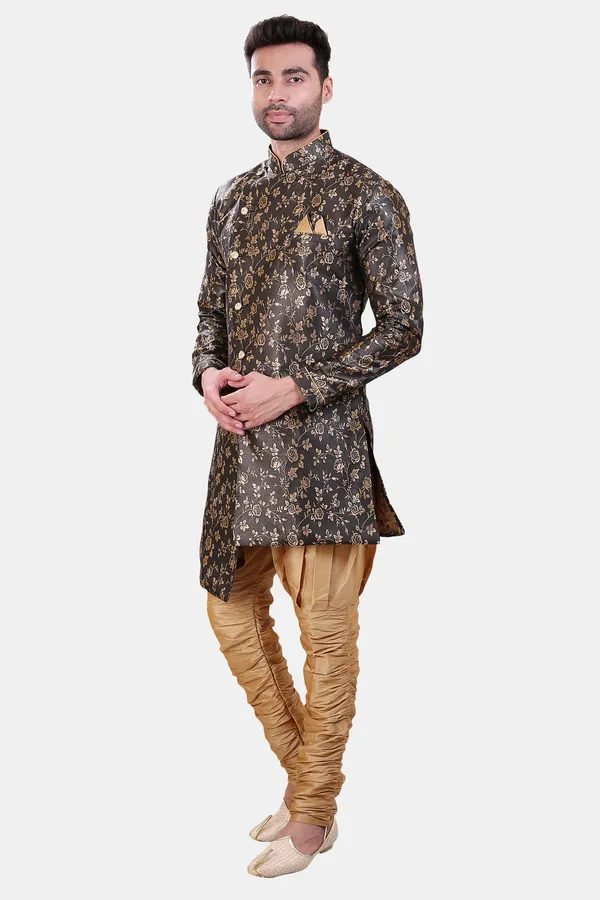 Floral_Print_Black_Jacquard_Sherwani_With_Heram_Pant