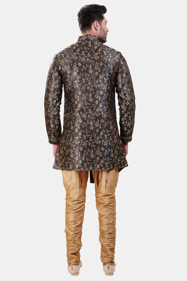 Floral_Print_Black_Jacquard_Sherwani_With_Heram_Pant