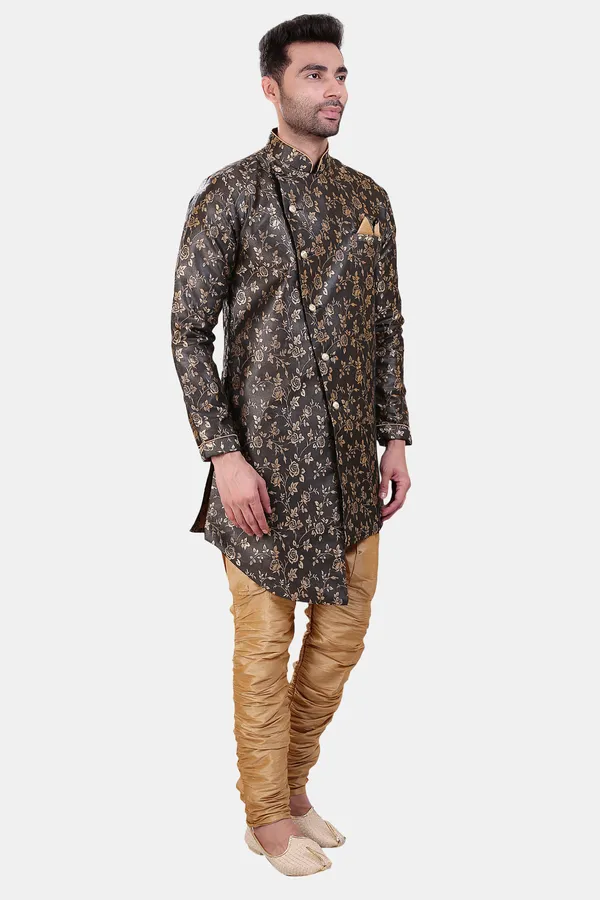 Floral_Print_Black_Jacquard_Sherwani_With_Heram_Pant