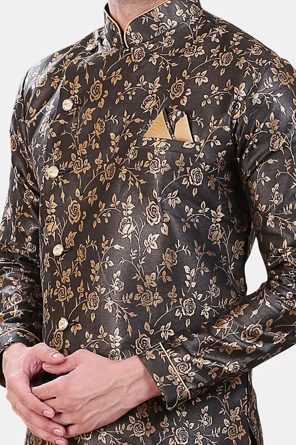Floral_Print_Black_Jacquard_Sherwani_With_Heram_Pant