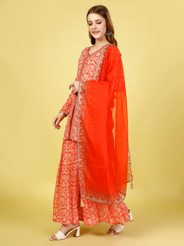 Vibrant_Tomato_Red_Printed_Jacket-Gharara-Dupatta_Set