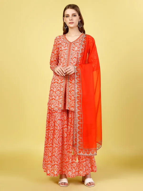 Vibrant_Tomato_Red_Printed_Jacket-Gharara-Dupatta_Set