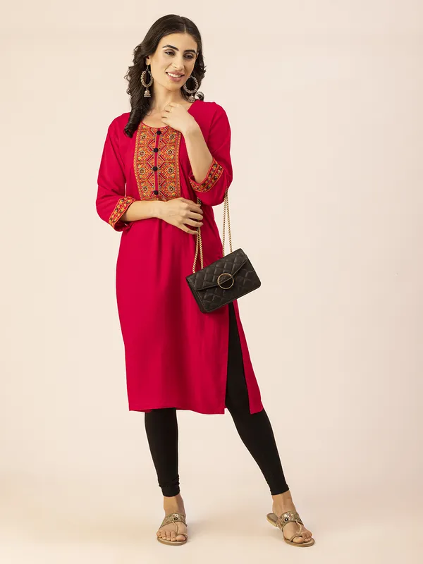 Magenta_Rayon_Women_Kurta,_Colourful_Embroidery_Work