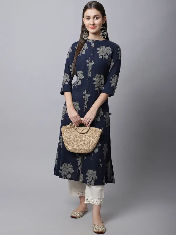 Dark_Blue_Cotton_Floral_Printed_A-line_Kurta