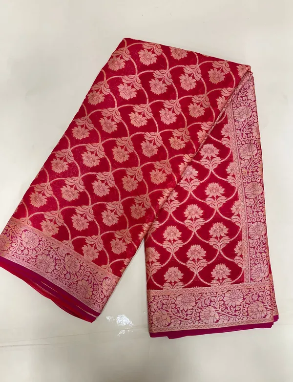 Humairah_Presents_Pure_Handloom_Dark_Pink_Chiffon_Golden_Zari_Floral_Booti_Jaal_with_Contrast_Magenta_Zari_Booti_Anchal_and_Zari_Border_with_Magenta_Blouse