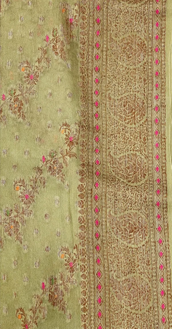 Humairah_Presents_Pure_Handloom_Olive_Chiffon_Floral_Copper_Zari_Mina_Stripe_Jaal_with_Paisley_Mina_Zari_Border_and_Olive_Blouse