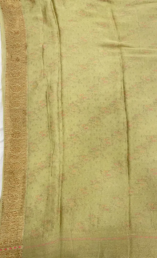 Humairah_Presents_Pure_Handloom_Olive_Chiffon_Floral_Copper_Zari_Mina_Stripe_Jaal_with_Paisley_Mina_Zari_Border_and_Olive_Blouse