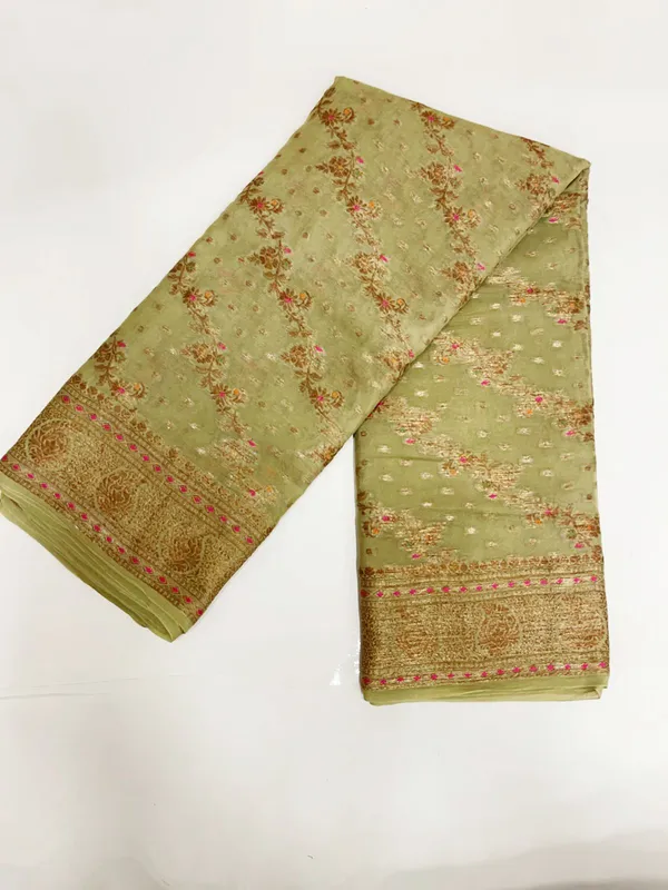 Humairah_Presents_Pure_Handloom_Olive_Chiffon_Floral_Copper_Zari_Mina_Stripe_Jaal_with_Paisley_Mina_Zari_Border_and_Olive_Blouse