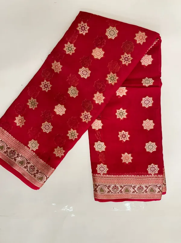 Humairah_Presents_Pure_Handloom_Red_Chiffon_Resham_Zari_Chunri_Mina_Booti_with_Dual_Mina_Resham_Zari_Boota_Anchal_and_Floral_Zari_Border_with_Red_Blouse