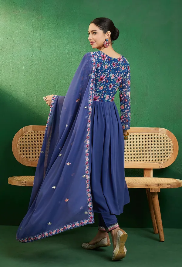 Blue_Georgette_Zari_Sequence_Embroidery_Digital_Print_Kurta_With_Pant_And_Dupatta