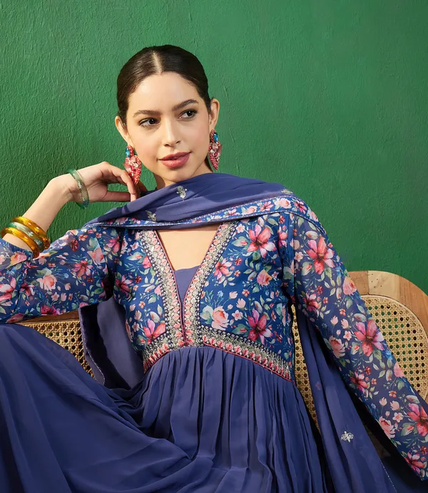 Blue_Georgette_Zari_Sequence_Embroidery_Digital_Print_Kurta_With_Pant_And_Dupatta