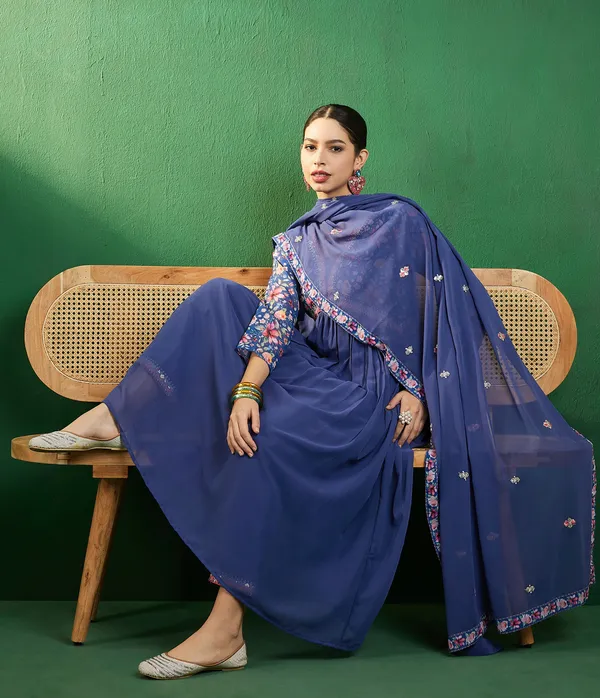 Blue_Georgette_Zari_Sequence_Embroidery_Digital_Print_Kurta_With_Pant_And_Dupatta