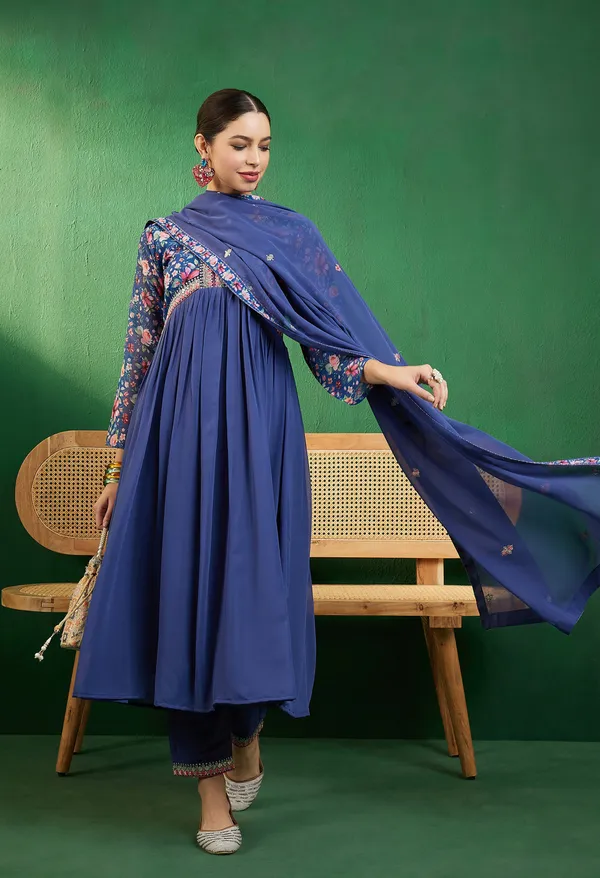 Blue_Georgette_Zari_Sequence_Embroidery_Digital_Print_Kurta_With_Pant_And_Dupatta