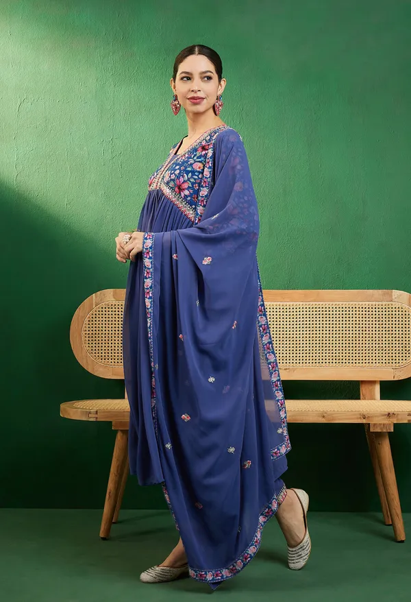 Blue_Georgette_Zari_Sequence_Embroidery_Digital_Print_Kurta_With_Pant_And_Dupatta